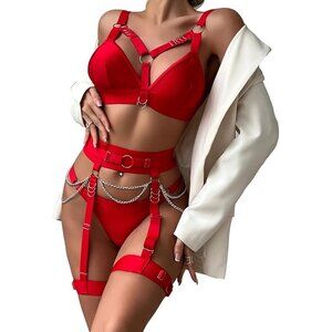 Women 1-red Naughty 5 Piecs Lace Garter Belt Bodydoll Lingerie Set With Chain